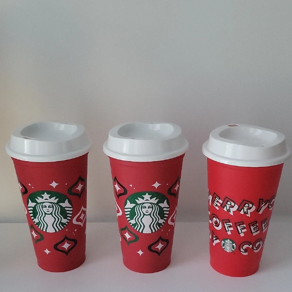 3/$8 Starbucks 16 Oz Red Holiday Themed Plastic Cups